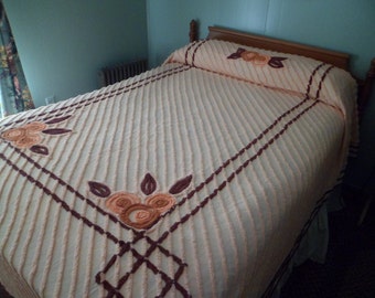 Vintage Chenille Bedspread~90 x 104" Peach Browns Floral~Lovely for your Cottage Bedroom!