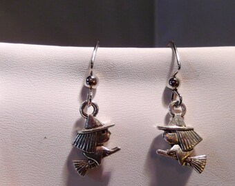 witch on broom earring