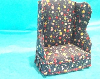 1:12 Scale Fabric Wing Chair - Vintage Miniature Chair