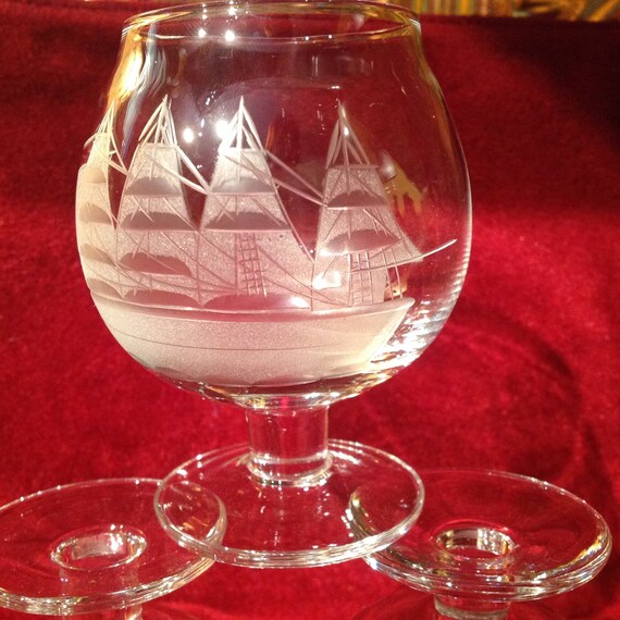Toscany Etched Crystal Brandy Snifters Clipper Ship Set of 5