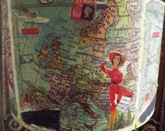 Vintage Europe Map 50's Chic ships stamps glamour girl Fatta da Mamma Free Gift