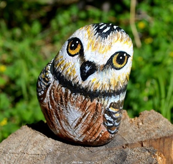 Owl Rock Painting Owl Art Hand Painted StoneBird ArtOwl