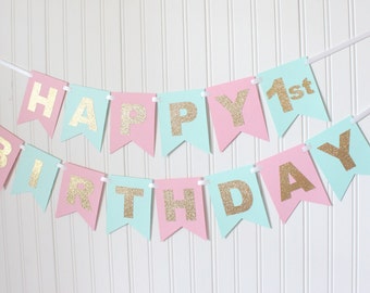Gold, Pink, Mint, Happy Birthday Banner/ Girl Birthday/ Princess Party/ Party Decorations/ Custom Name/ Personalized
