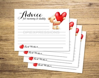 Baby Shower Advice Cards, Printable Teddy Bear And Heart Advice for the Parents, Gender Neutral Advice Cards, INSTANT DOWNLOAD