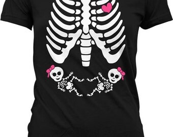 Twin Pregnant Halloween Costume Pregnant Skeleton Shirt Maternity Skeleton T Shirt Girl Twins Pregnancy Announcement Shirt Ladies MD-553B