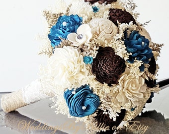 Teal Turquoise and Chocolate Sola Flower Bouquets, Chocolate Turquoise Wedding Flowers, Rustic Shabby,Bridal Accessories, Keepsake Bouquet