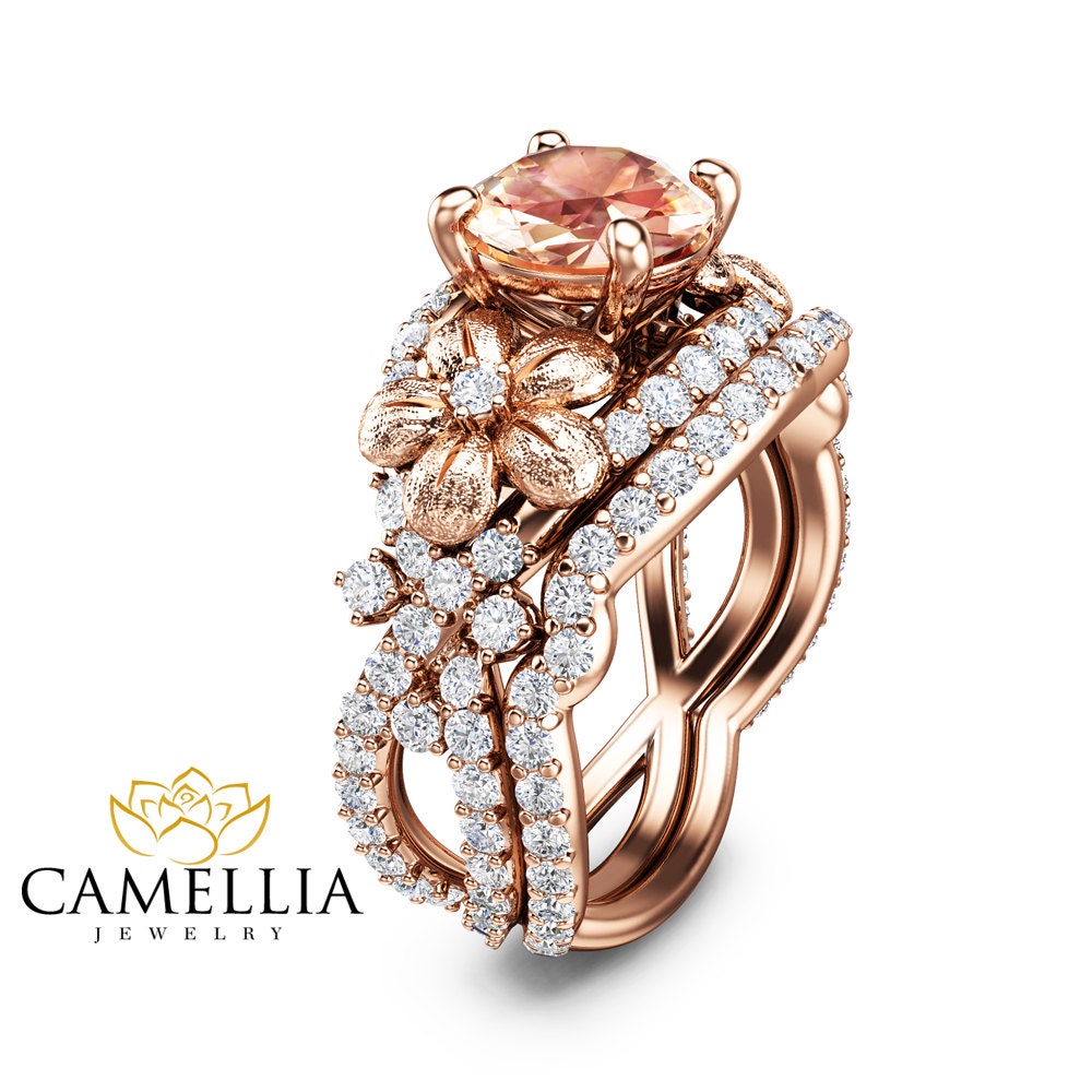 Flower Engagement Ring Set 14K Rose Gold