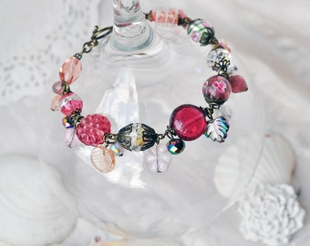Beaded Raspberry Bracelet, Pink Lampwork Jewelry, Beadwork Bracelet, Romantic Bracelet, OOAK Design, Flower Bijouterie