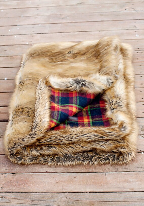 Items similar to Plaid and Gold Fox Faux Fur Throw Blanket, fluffy blanket, fur throw, accent