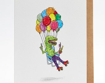 Birthday card, funny birthday card, boyfriend birthday card, brother card, 'Ballooning Croc', handmade, hand drawn, congratulations card