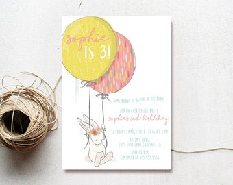 Bunny Birthday Invitation Girl, Balloon, Boho, Flowers, Printable Invite (707)