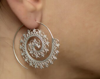 Sterling Silver spiral earrings. boho earrings. boho chic. tribal earrings. ethnic earrings. hippie earrings. boho jewelry. large earrings.