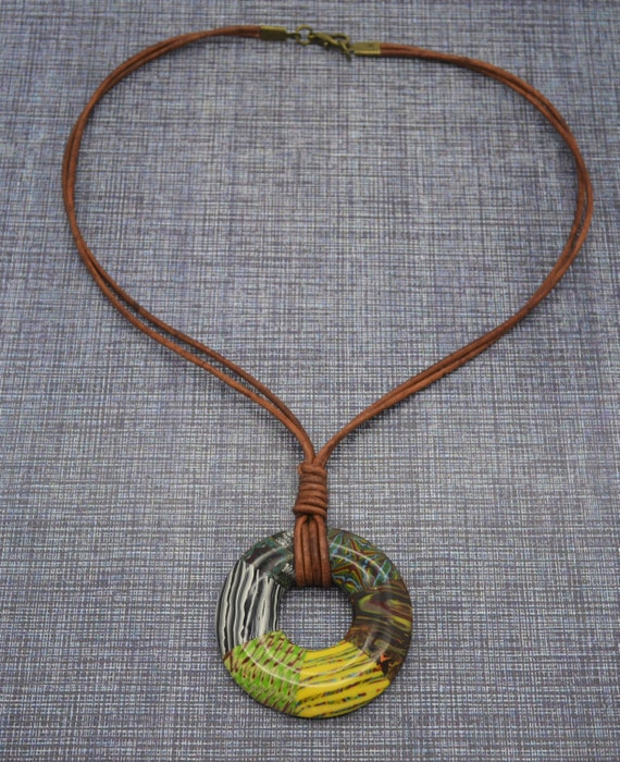 Adjustable Leather Cord Necklace Sliding Knot Polymer Clay