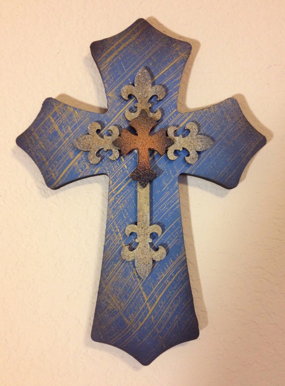 Small Wooden Wall Cross Crosshatch Blue and Yellow Triple