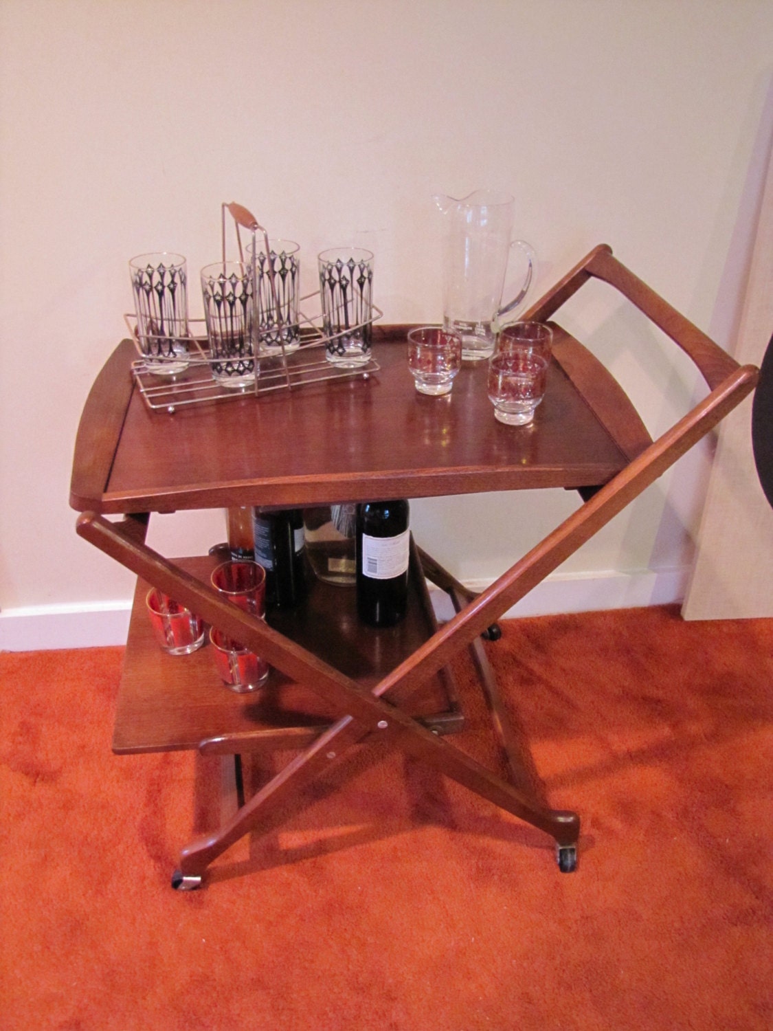 Mid Century Bar Cart Folding Wood Bar Cart Bar Cart with Two