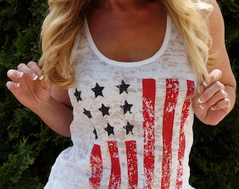 Country Music American Flag 4th of July Tank Top. Patriotic Workout Tank Red White and Blue. USA Running Top. Concert Festival Burnout Tank.