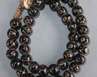Necklace with Handmade Used Green and Gold Lampwork Glass Beads from Nepal, Round Beads 13 mm, Asian Design, Folk Jewelry, FREE SHIPPING