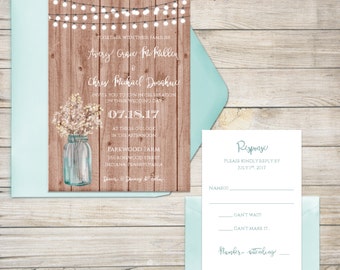 Wedding Invitation Suite, Wedding Invitation, Rustic Wedding Invitation, Wooden, Baby's Breath, Mason Jar