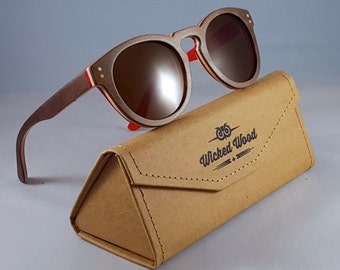 Skateboard wood sunglasses, Round lenses and frames, Brown and Red, Unisex, Gradient lenses, Wicked Wood