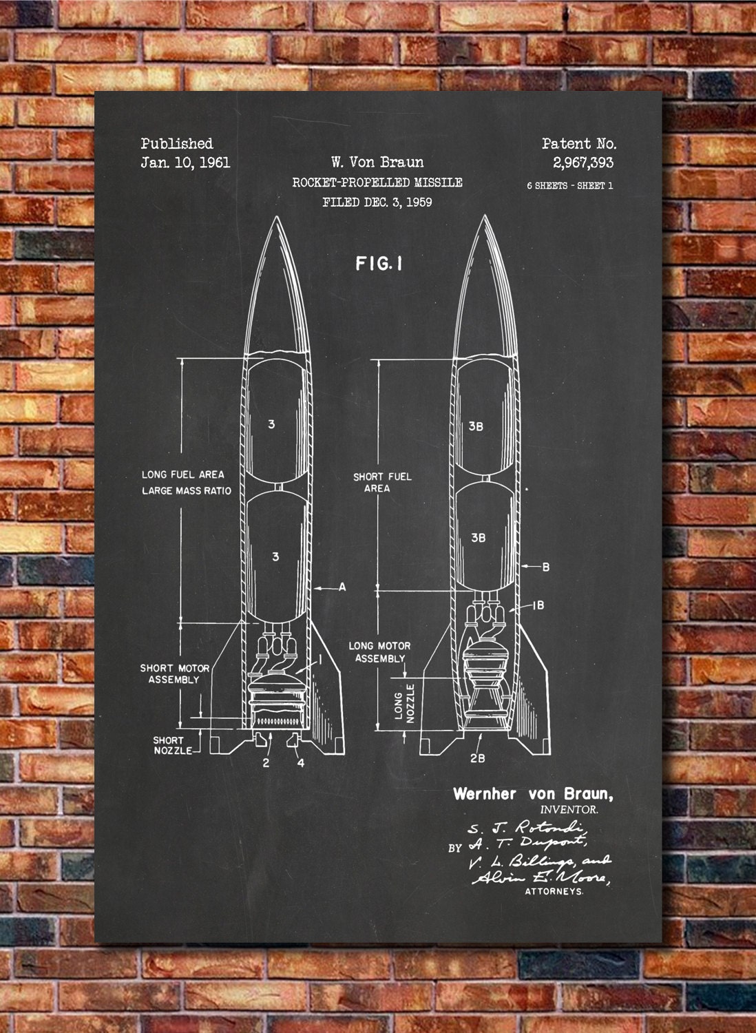 Werner von Braun Rocket Patent Print Art 1961