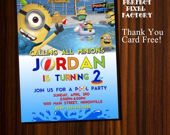 Minions invitation,minions birthday,minions pool partyminions,despicable me, kids birthday,pool party,beach birthday, pool birthday