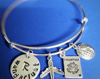 Travel Bracelet, Wanderlust, Personalized Travel Jewelry, Airplane Charm, Passport Charm Bracelet, Gift for Traveler, World Traveler
