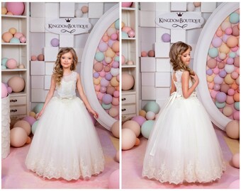Lace Ivory Flower Girl Dress - Holiday Wedding Birthday Party Bridesmaid Ivory Lace Tulle Flower Girl Dress 15-008