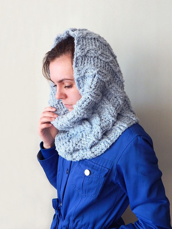 Winter blue cowl scarf snood crochet blue hooded cowl