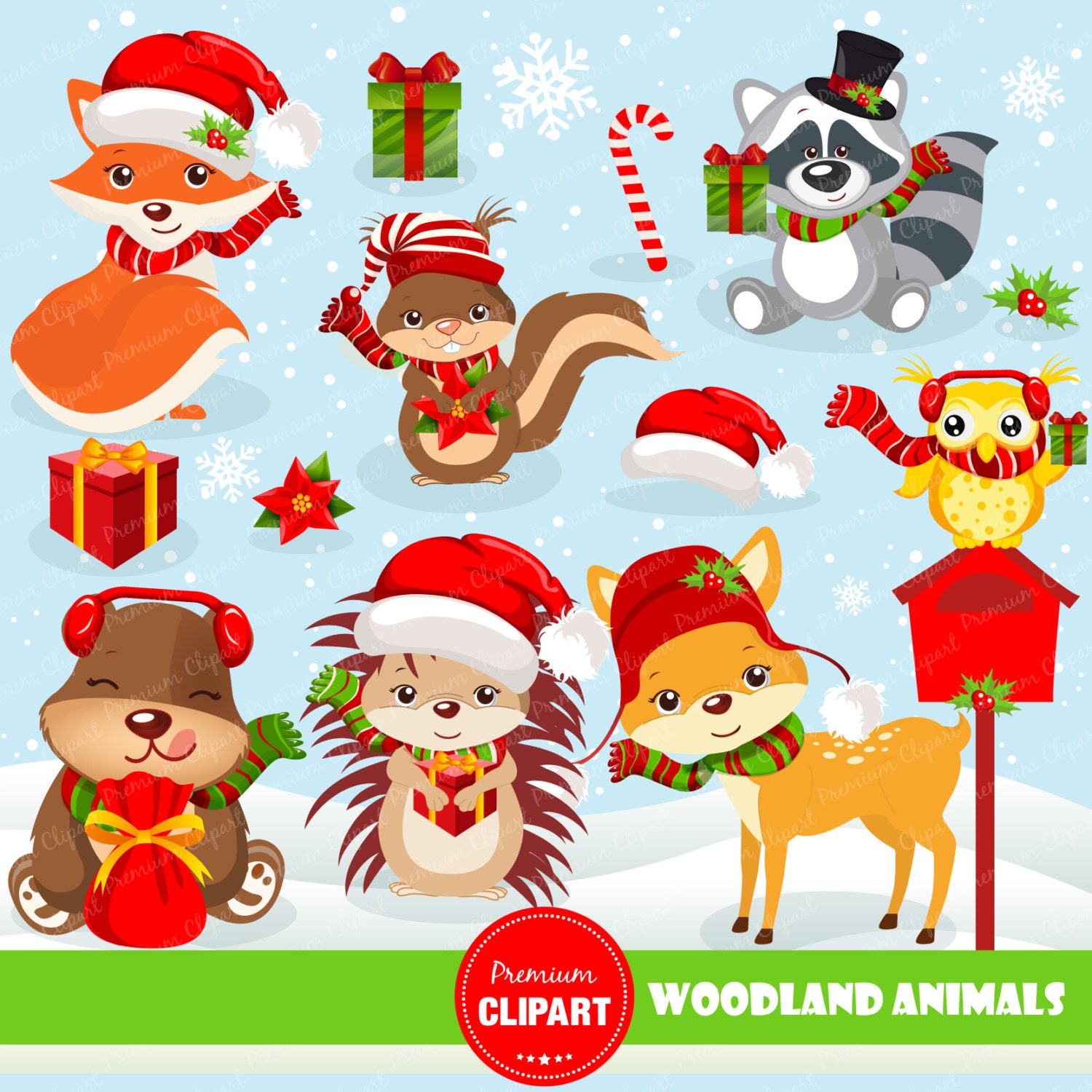 Christmas woodland animals clipart commercial use christmas