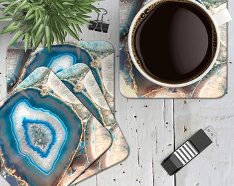 Turquoise Agate Geode Coasters, Turquoise Agate Gemstone Coasters, Geode Coasters, Set of 4 Cork Back Blue Boho Marble Agate Coasters