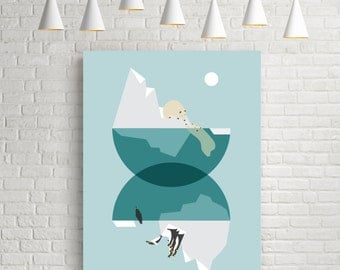 Art illustration, illustration print, North pole, south pole, blue and white, polar bear, penguin, snow, arctic art, contemporary art, print