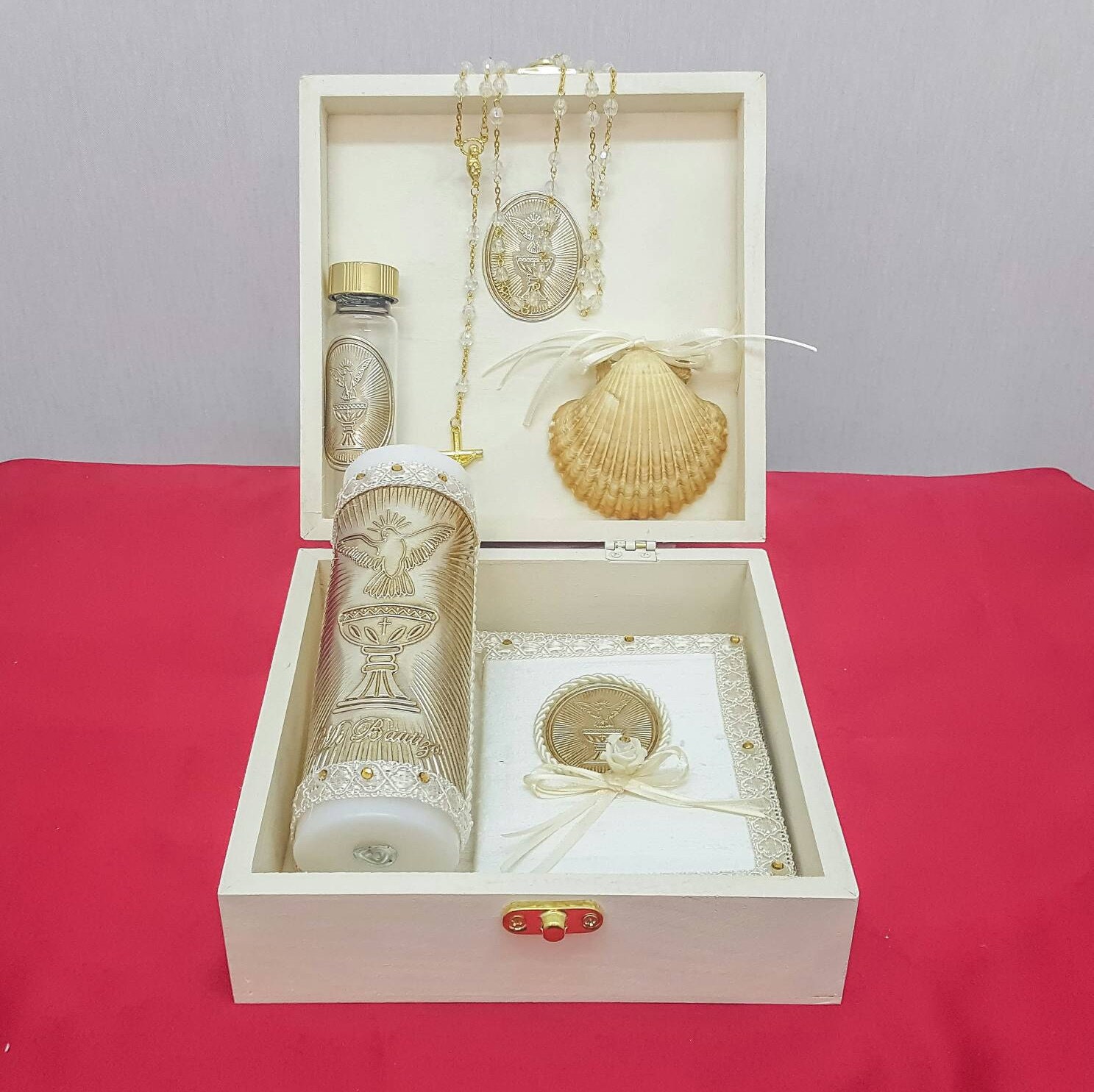 Baptism Christening Candle Wooden Keepsake Box Set de Vela