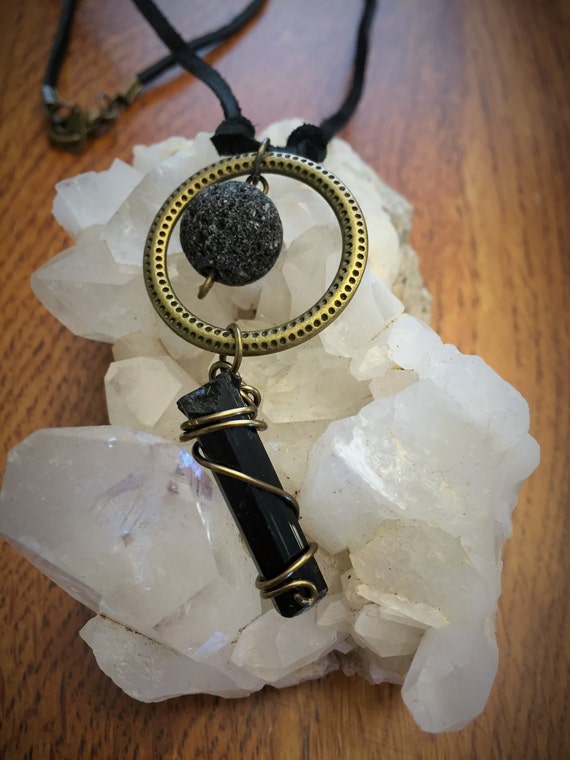 Antique Brass Wire Wrapped Raw Black Tourmaline Necklace with