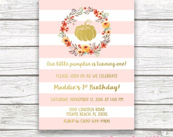 Pink Pumpkin Birthday Invitation, Little Pumpkin First Birthday Invitation Girl, Fall Birthday, Our Little Pumpkin is Turning One Printable