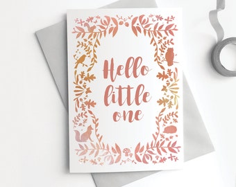 New Baby Girl Card - Hello Little One Woodland Fox Owl Cute Peach Gold Modern Calligraphy Greetings Card