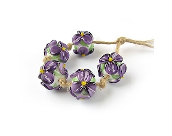 Lampwork Beads, Handmade Glass Bead Set, Floral Lampwork, Murano Glass, Murano Beads, Flower Beads, Purple, art beads