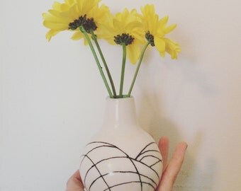 Porcelain White and Black Flower Vase with Blue Interior and Circles
