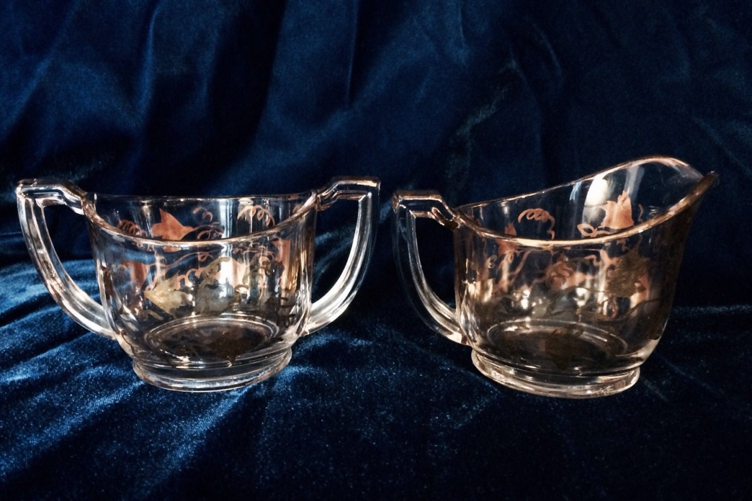 Glass creamer and sugar bowl with gold accents Haute Juice