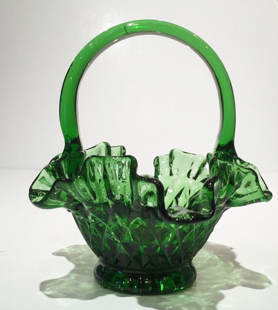 Green Glass Basket Diamond Point Pattern Vintage Emerald