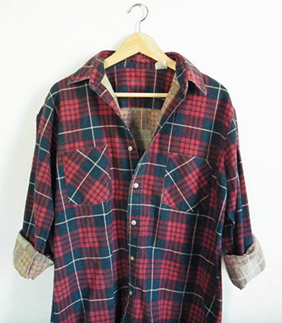 Vintage 70s Flannel Shirt Red and Navy Blue Plaid by ImprovGoods