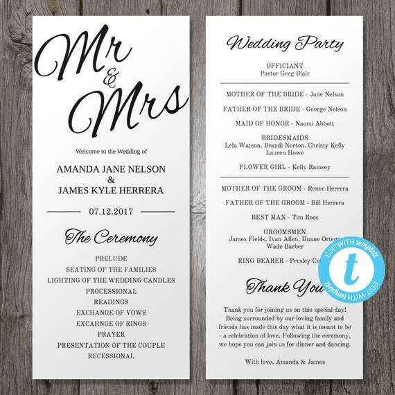 Printable Wedding Program Template Mr & Mrs Instant by YouPrintEm