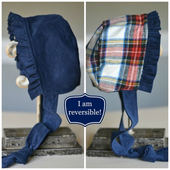 Navy and Tartan Plaid Reversible Bonnet  Size by TheTipsyBunny