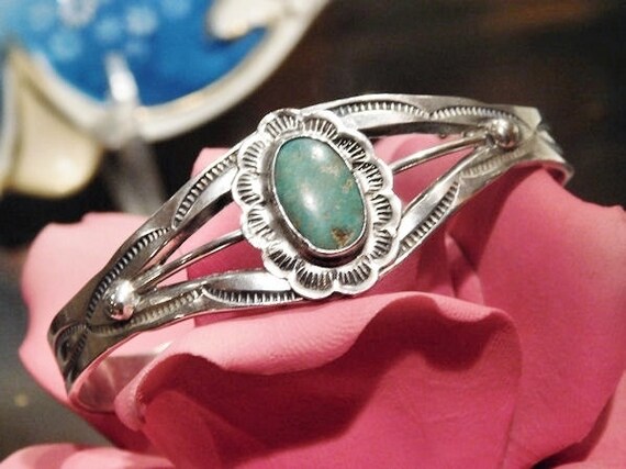 Art Deco Turquoise Cuff Fred Harvey Era Green Turquoise Southwestern Western Native American Sterling Silver Nevada Turquoise 1920s 1930s