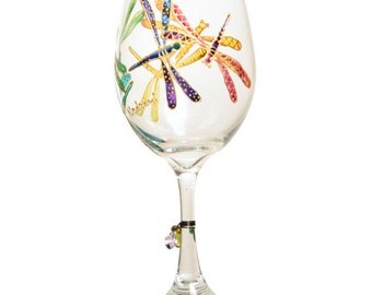 Hand painted Wine Glass "Dragonfly Wind"