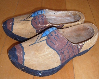 Vintage Hand Carved Wood Shoes with Painted Design - Large Size
