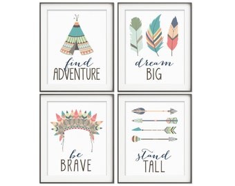Tribal Nursery Decor | Teepee Headdress Feathers Arrows | Tribal Wall Art | Boho Nursery Decor | Be Brave | Nursery Decor | Nursery Wall Art