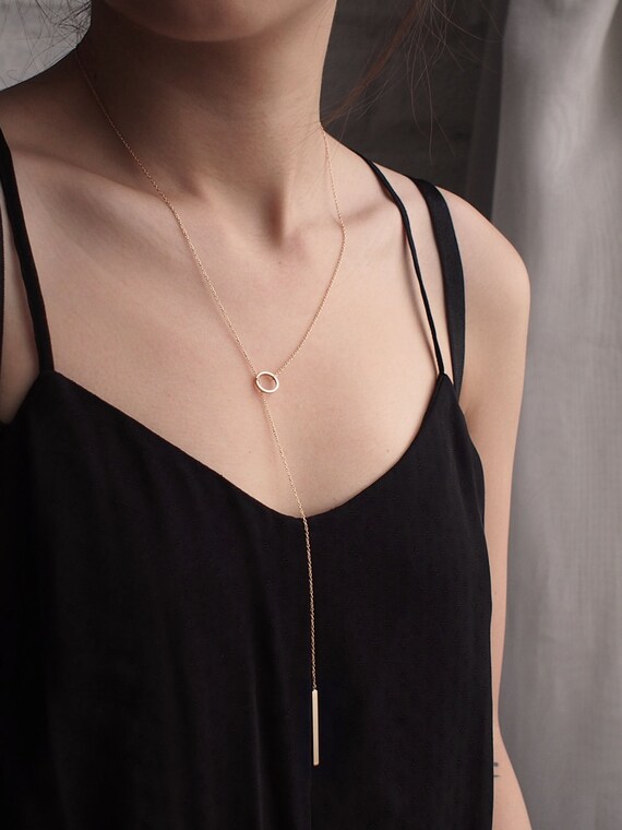 Circle Lariat Necklace with Bar Drop Dainty Minimal Circle