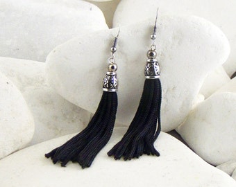Black Tassel Earrings, Drop Dangle Earrings, Hook Earrings, Gifts for Her
