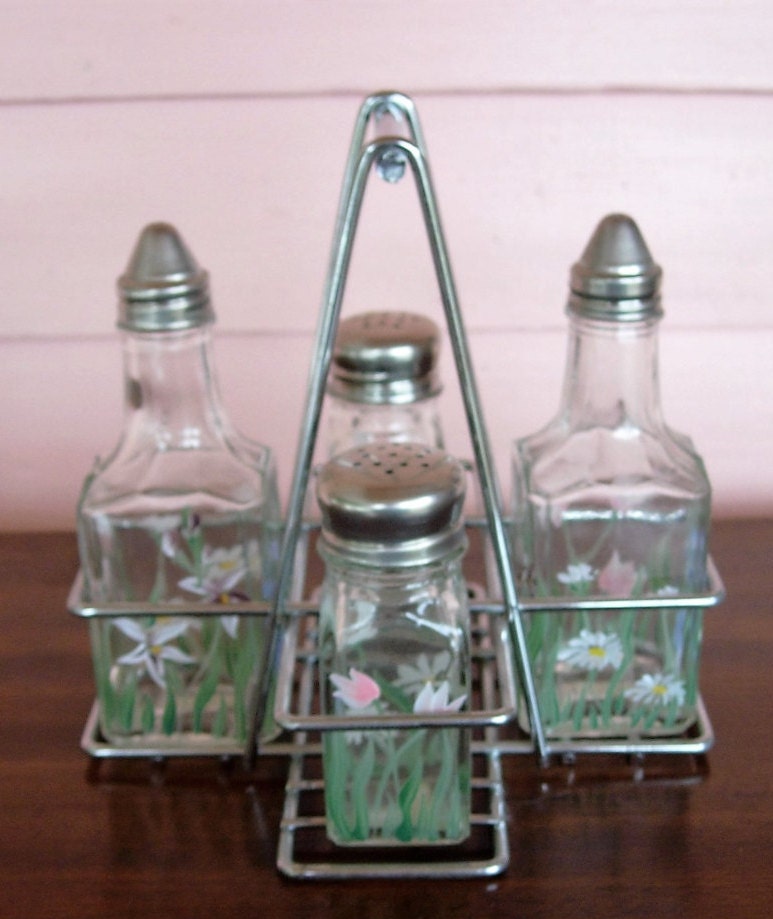 Hand Painted Cruet Set with Chrome Caddy Oil, Vinegar, Salt, Pepper