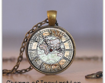 Map Necklace Map Keychain Jewelry Clock Map Necklace Watch Map Jewelry Map Keychain Map Keyfob Gift for Traveler Gifts *NOT working clock*
